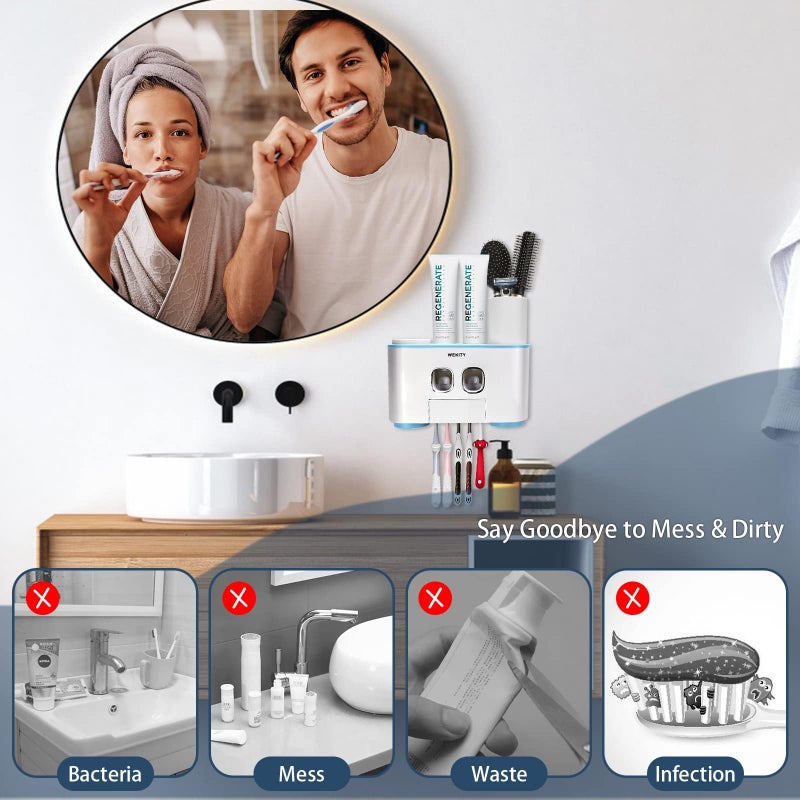 Wekity Toothbrush Holder Wall Mounted, WEKITY Multi-Functional Toothbrush and Toothpaste Dispenser for Bathroom, with 5 Toothbrush Slots, 2 Toothpaste Squeezers and 4 Cups(Blue) - Image 3